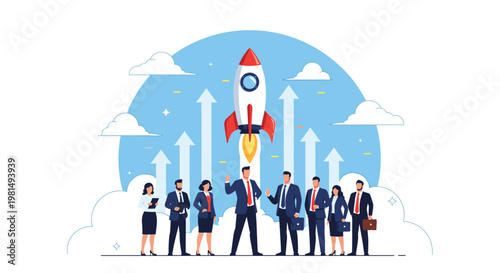 Collaborative business team celebrating a successful rocket launch symbolizing project startup and rapid company growth.