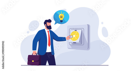 Successful businessman turning on the light with a creative idea symbol in mind after working on innovative solutions.