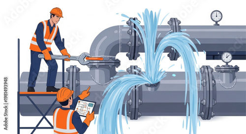 Workers repairing a leaking industrial pipe with water spraying out.