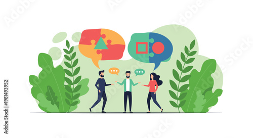 Diverse group of people communicating through speech bubbles with geometric shapes representing problem solving and ideas.