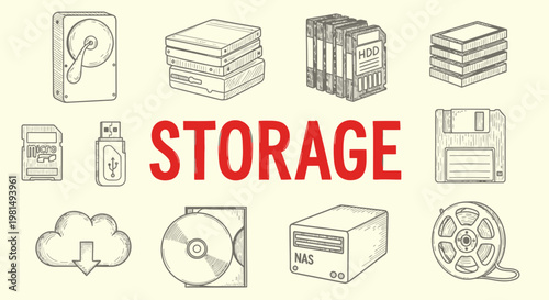 Data Storage Technology and Media Icons.