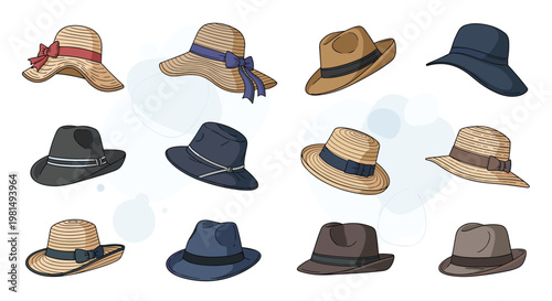 Set of various stylish hats for men and women including fedoras, sun hats, and classic straw headwear for fashion design.