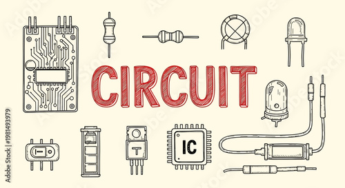 Electronic circuit board components illustration.
