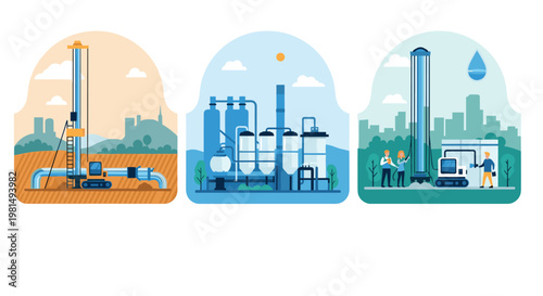 Industrial processing stages illustrating ground drilling, factory manufacturing, and environmental water filtration systems.