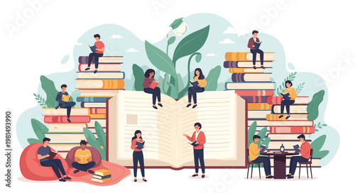 Group of people reading and studying together around giant books and stacks of literature in a library or park setting.