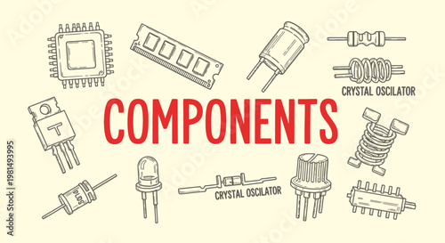 Handdrawn Sketch of Electronic components on a beige background.