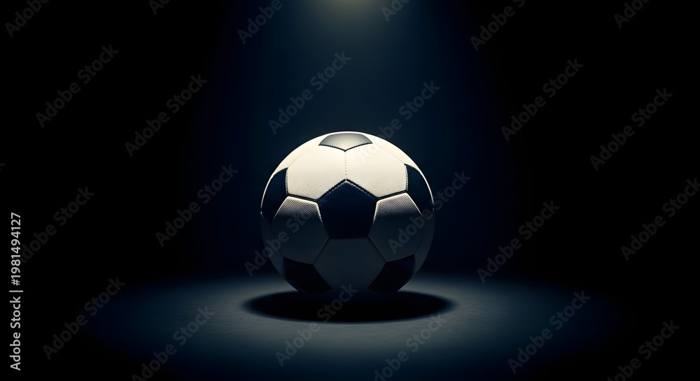 Naklejka premium A classic black and white soccer ball centered in a dark environment, illuminated by a single overhead spotlight beam