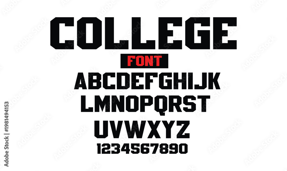 Obraz premium College Font Alphabet and Numbers in Varsity Athletic Style for Team Jersey and Uniform Design