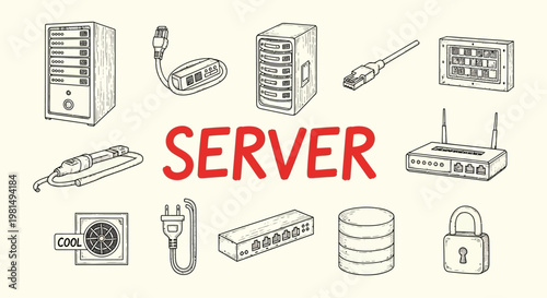 Server technology and network equipment icons.