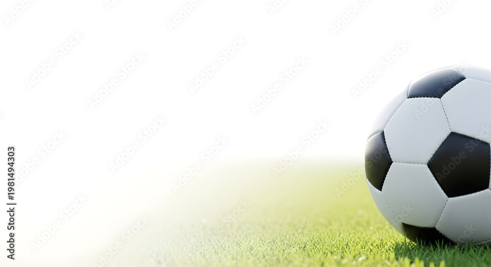 Fototapeta premium Classic black and white leather soccer ball resting on a vibrant green grass pitch with a bright, soft, hazy white background