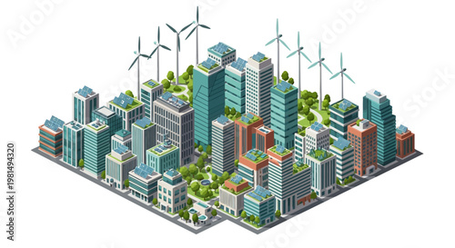City with wind turbines and skyscrapers.