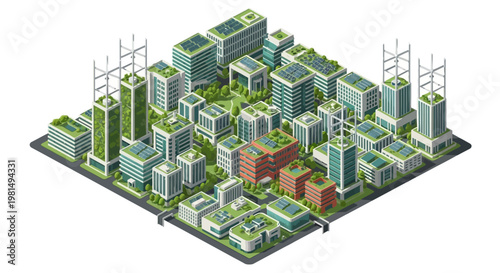 Cityscape with modern skyscrapers and buildings.