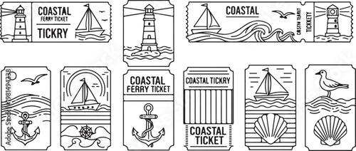 Coastal and ferry ticket designs featuring historical ships and marine icons Vector