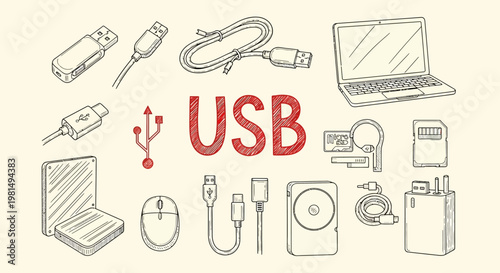 Handdrawn Sketch of USB devices and technology accessories.