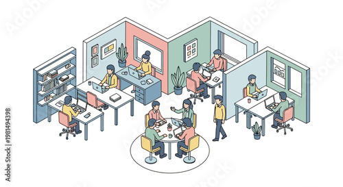 People working in office cubicles.