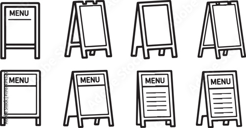 Various styles of folding chairs with menu boards attached Vector