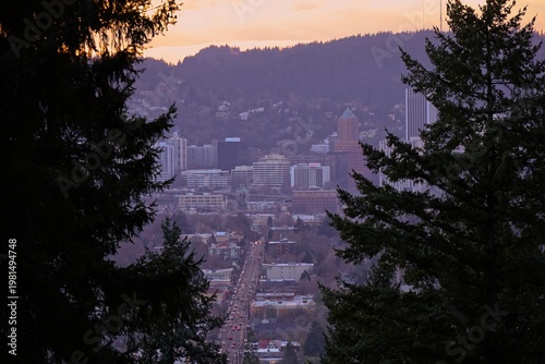 The sun sets on Portland, Oregon