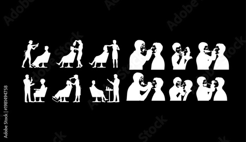 A collection of white silhouettes depicting people and dogs in various grooming and interaction poses on a black background