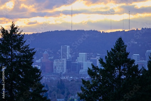 The sun sets on Portland, Oregon