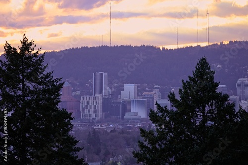 The sun sets on Portland, Oregon