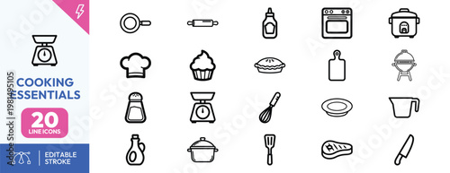 Collection of minimalist black line icons featuring essential kitchen tools and culinary equipment for cooking