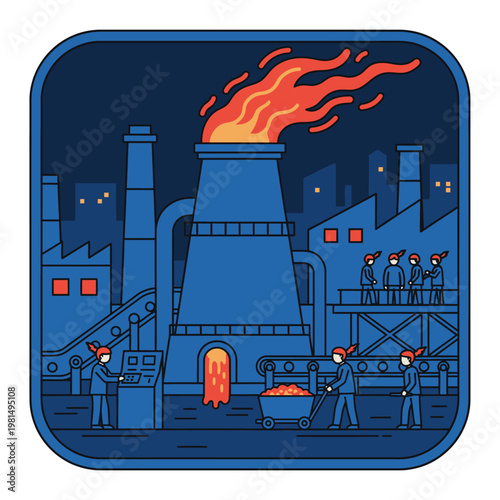 Industrial Factory with Smokestack and Workers.