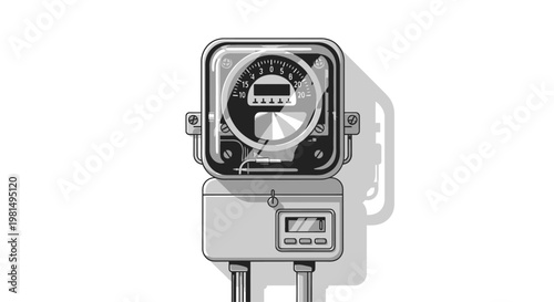 Vintage Industrial Meter with Analog Gauge and Digital Display, Retro Technology