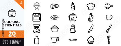 Comprehensive collection of minimalist kitchen and cooking line icons for professional culinary graphic design projects