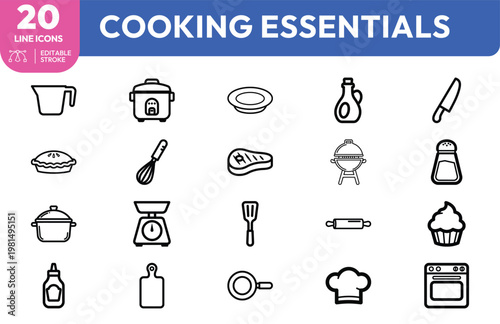 Collection of professional outline icons representing essential kitchen tools and equipment for home cooking enthusiasts