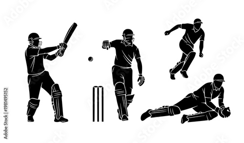 Cricket action silhouettes player set vector illustration isolated on white background