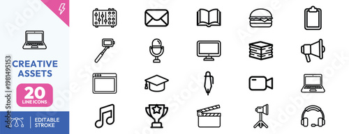 Professional set of twenty outline symbols for digital content creation marketing and multimedia production projects