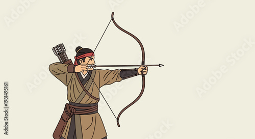 Ancient Archer Aiming Bow and Arrow, Traditional Asian Warrior Illustration