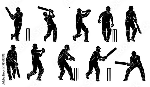 Cricket silhouettes batsman bowler fielder action vector illustration isolated on white background