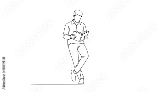 Continuous line man reading book relaxed lifestyle vector illustration isolated on white background
