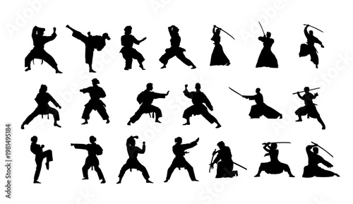 A collection of black silhouettes depicting various martial arts poses and sword fighting techniques.