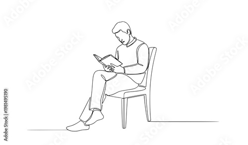 Continuous line man reading book peaceful lifestyle vector illustration isolated on white background