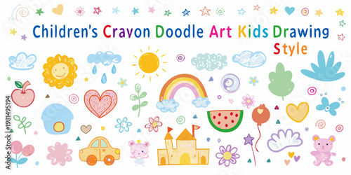 Colorful children s crayon doodle art with suns flowers and playful objects