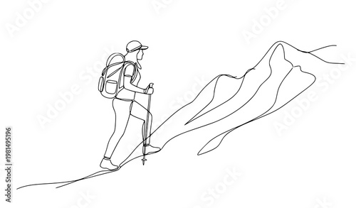 Minimal one line woman hiking mountain backpack travel adventure vector illustration isolated on white background