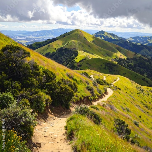 A winding dirt path on a green hillside with mountains