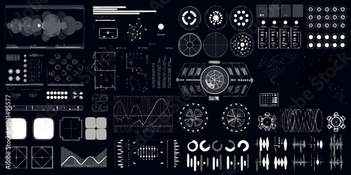 Abstract technological interface with various data visualizations and complex schematics