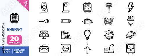 Comprehensive collection of energy and electricity line icons for sustainable power and industrial design projects