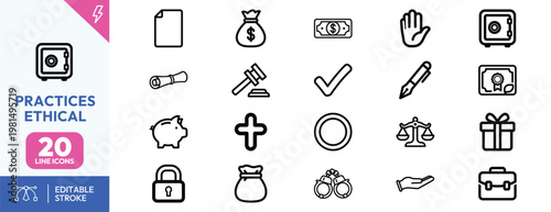 Set of line icons for ethical business practices legal compliance justice finance and corporate responsibility