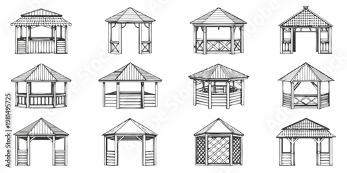 Collection of hand drawn gazebo designs in a black and white sketch style