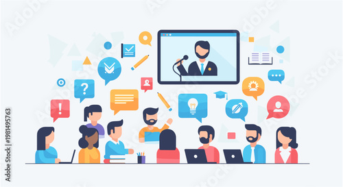 Diverse team collaborating remotely in colorful flat design with speech bubbles and video conference on screen for business and technology