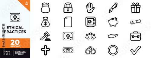 Comprehensive collection of business ethics icons representing justice integrity financial compliance and professional social corporate responsibility