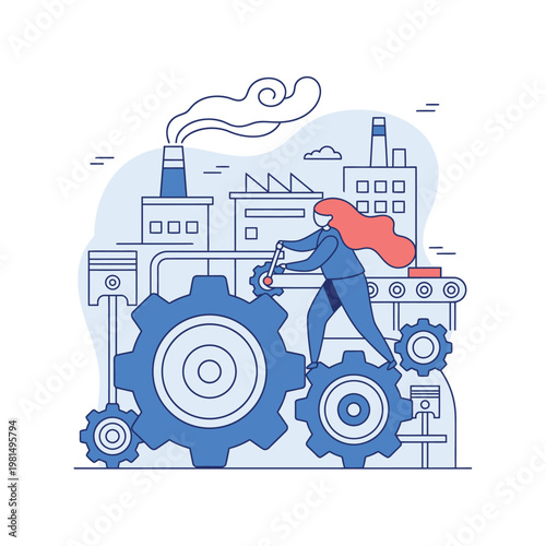 Woman operating machinery with gears and conveyor belt.