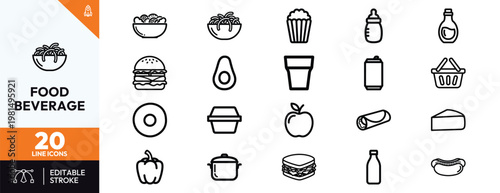 Collection of minimalist outline icons representing various food items beverages and essential kitchen cooking tools