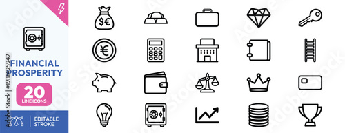 Comprehensive set of minimalist black outline icons representing various aspects of financial success and wealth