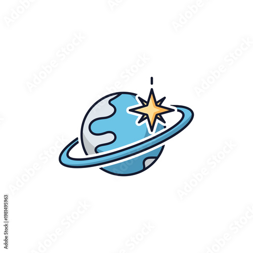 Cartoon planet with ring and star.