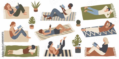Diverse people relaxing and reading books outdoors on colorful rugs